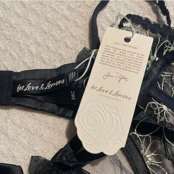 NWT FOR LOVE & LEMONS EMBROIDERED FLORAL MESH UNDERWIRE BRA IN NOIR SIZE 38C - Picture 4 of 4